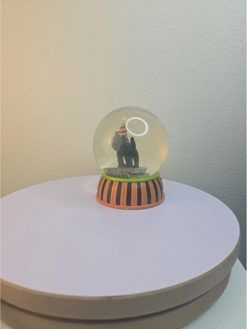 Vintage Halloween Black Cat Snow Globe Water Globe Party Hat Striped Spider Base